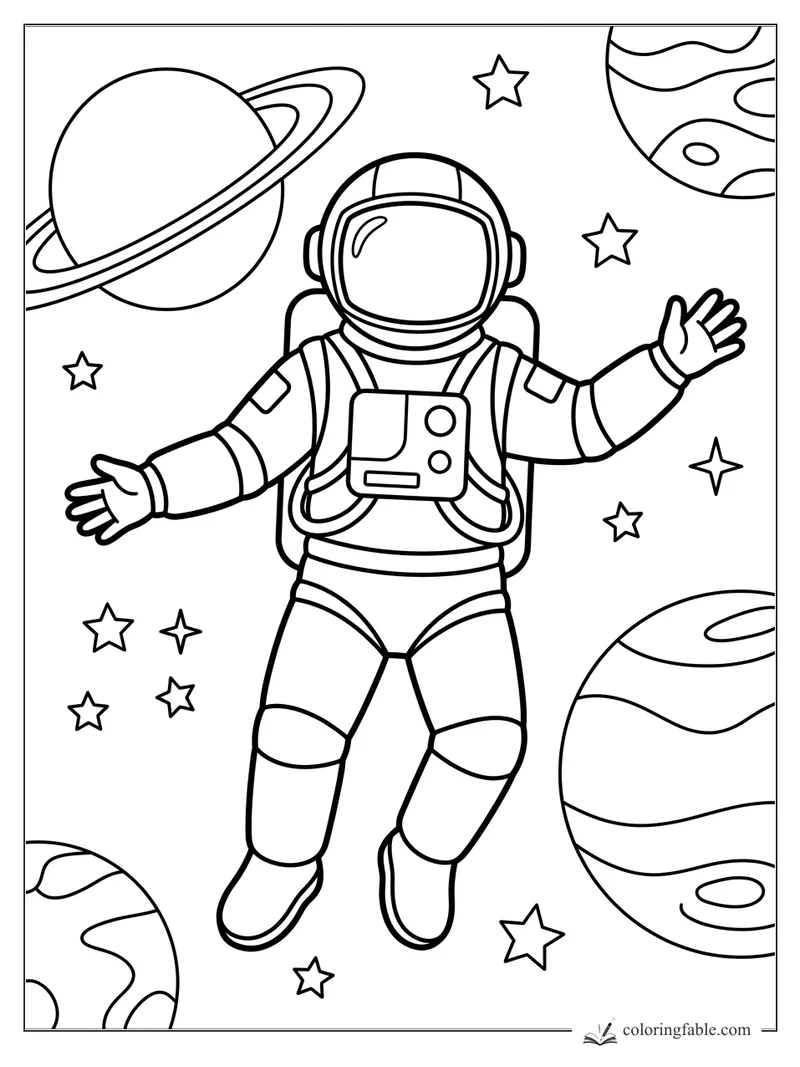 Astronaut coloring page with a waving space explorer, ringed planet, striped planets, and stars