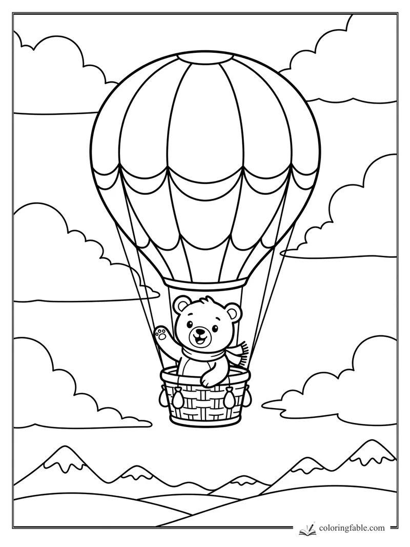 Cartoon bear waving from a hot air balloon basket above clouds and snowy mountains
