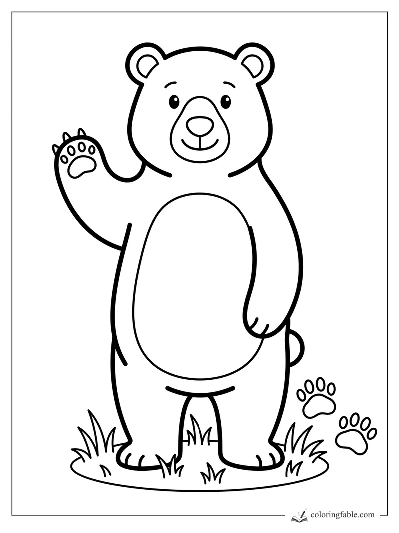 Minimalist bear coloring page with a smiling bear waving beside grass and paw prints.
