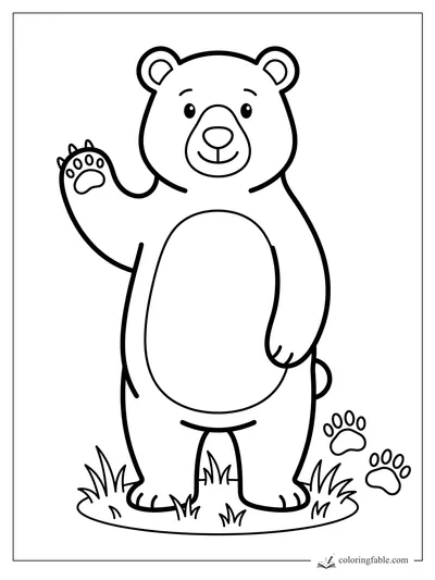 Minimalist bear coloring page with a smiling bear waving beside grass and paw prints.