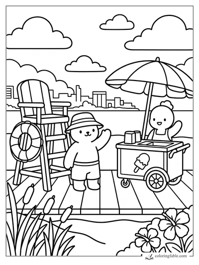 Cute animal child waving beside a harbor ice cream cart, umbrella, lifeguard chair, reeds, flowers, and skyline.