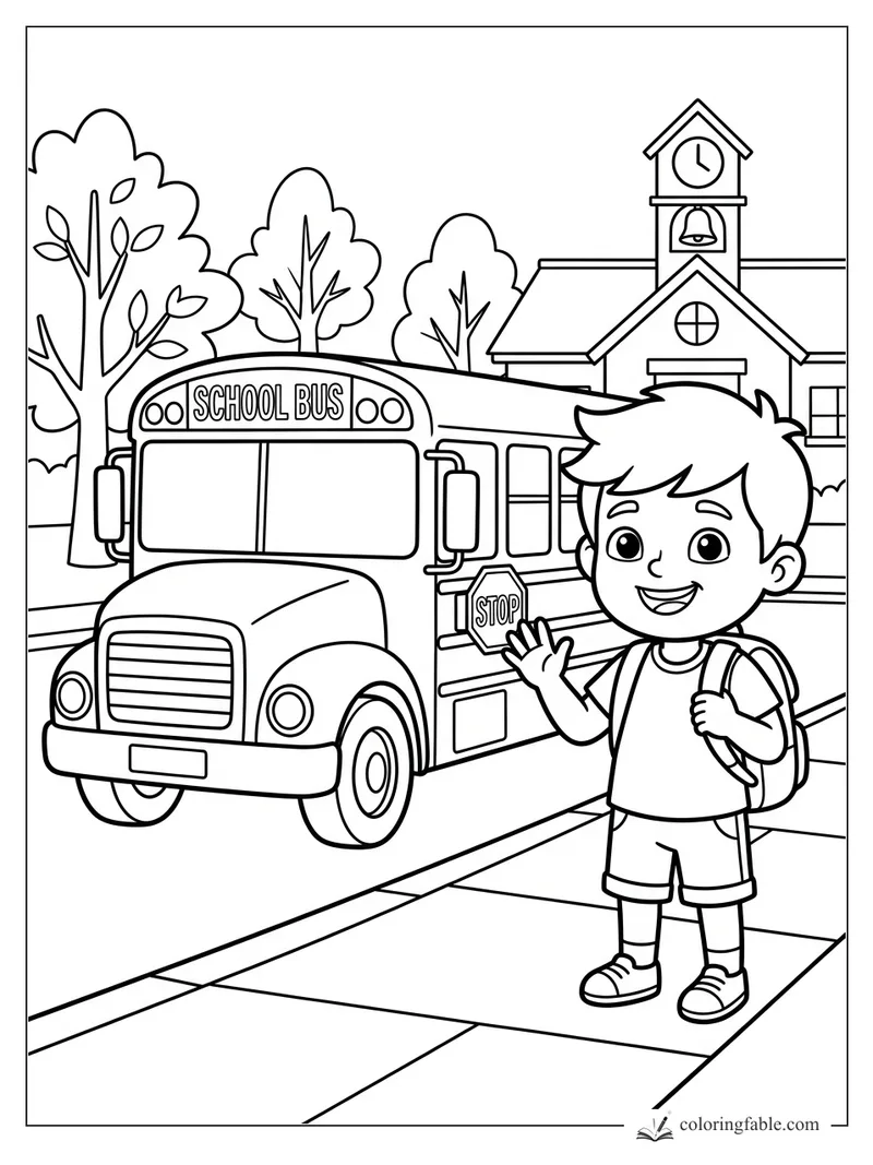 Smiling boy with backpack waves beside a school bus in front of a clock-tower school and leafy trees.