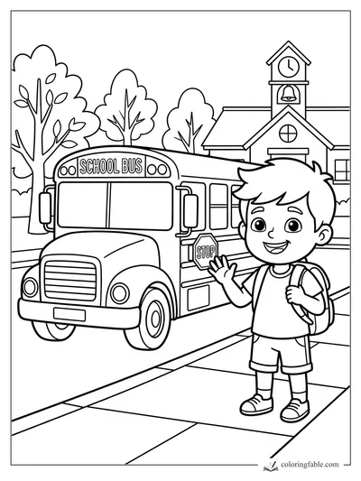 Smiling boy with backpack waves beside a school bus in front of a clock-tower school and leafy trees.