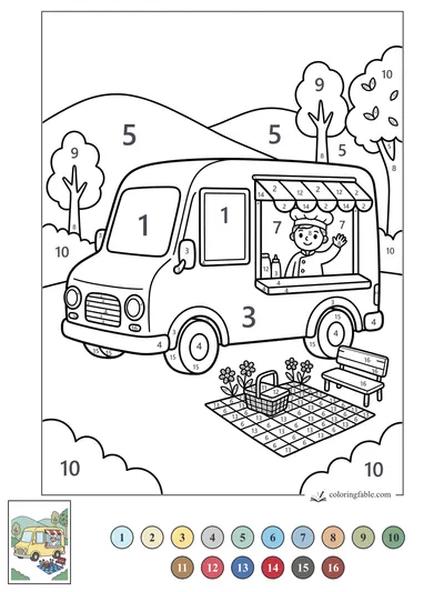Waving Chef in a Park Food Truck — color by number