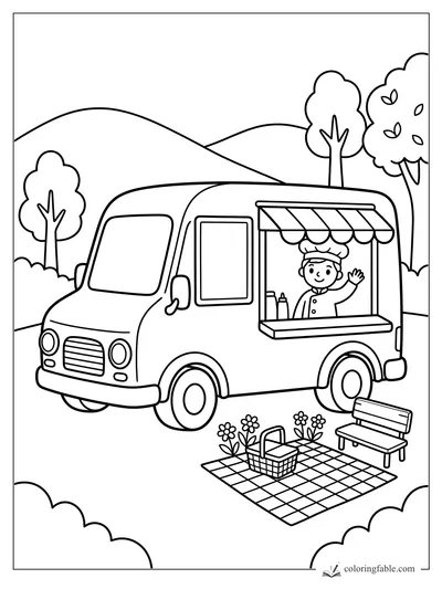 Cartoon food truck with a waving chef, striped awning, picnic blanket, flowers, bench, trees, and hills.