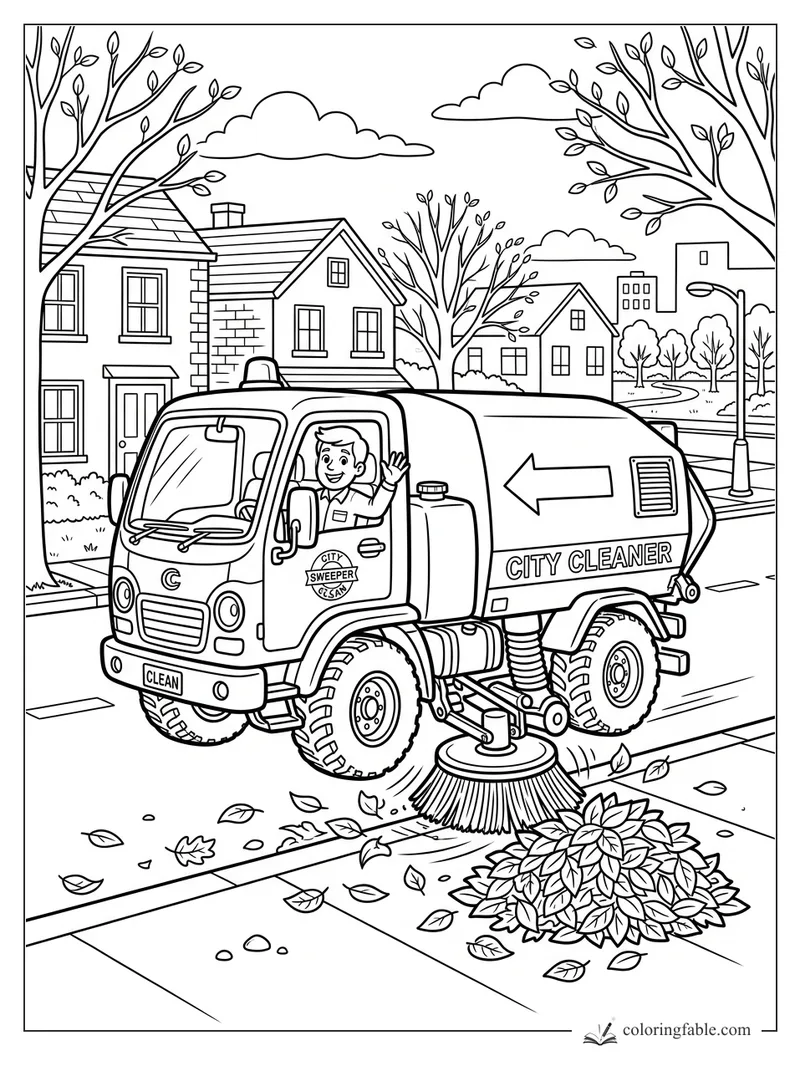 Cartoon city cleaner street sweeper with waving driver brushing autumn leaves on a neighborhood street