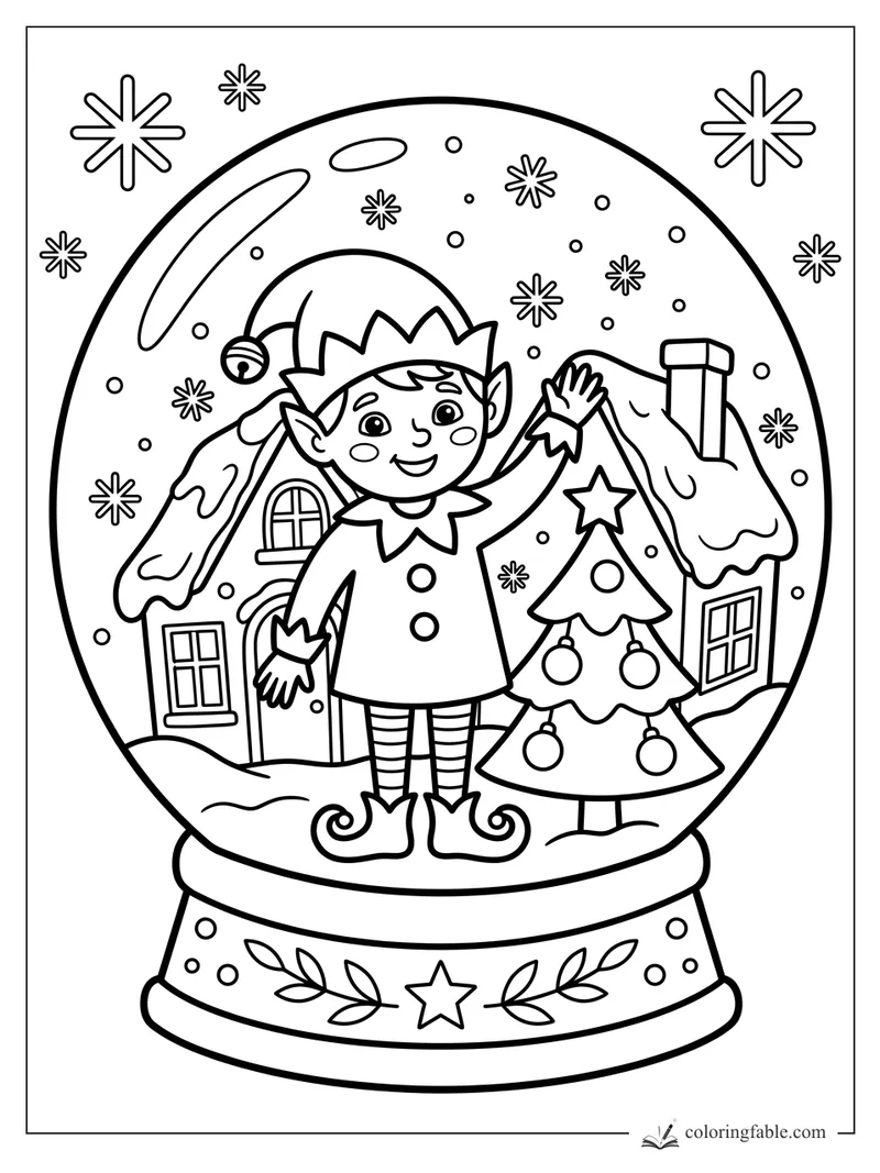 Smiling elf waving inside a snow globe with snowy cottages, a Christmas tree, stars, and a decorated base.