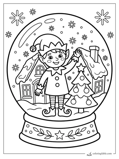 Smiling elf waving inside a snow globe with snowy cottages, a Christmas tree, stars, and a decorated base.