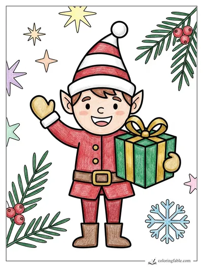Waving Elf with a Striped Gift — colored example