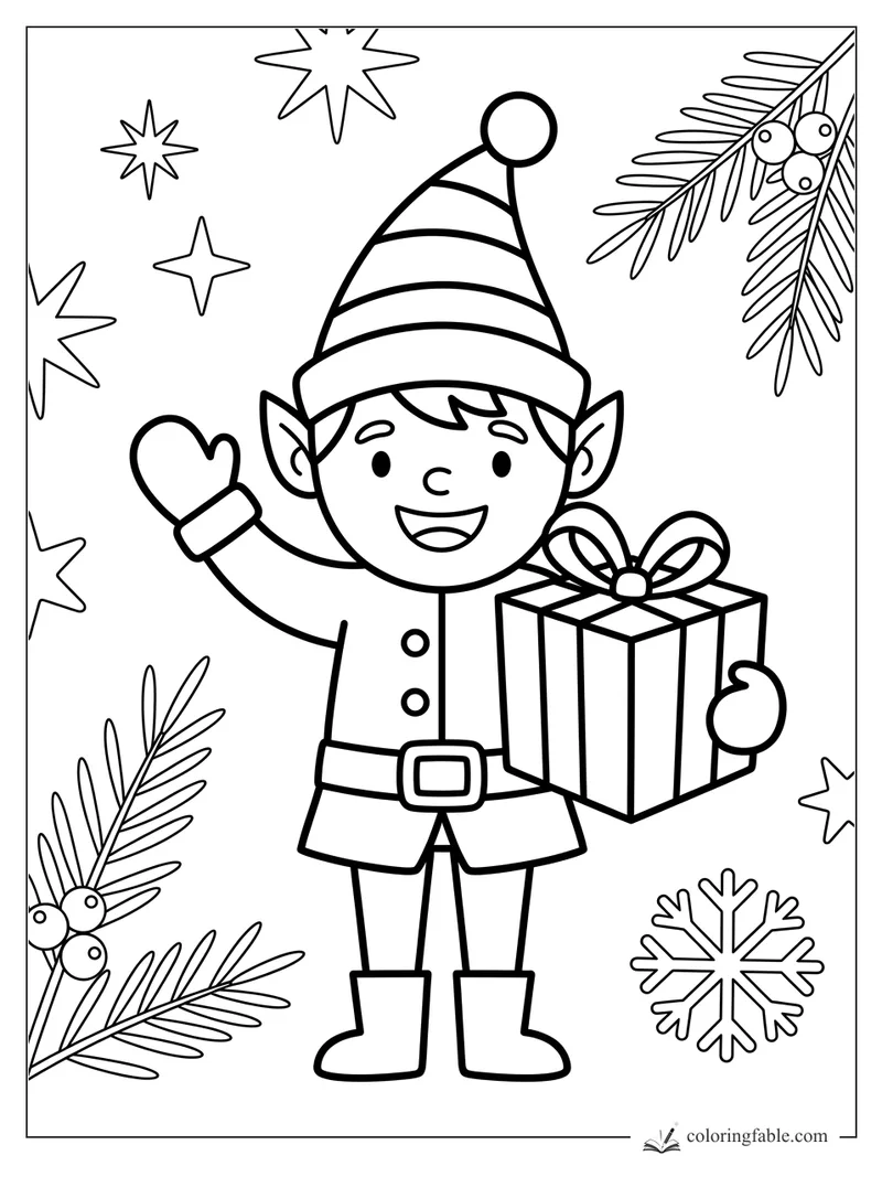 Cartoon elf waving beside a ribboned present, stars, snowflake, and pine sprigs with berries.
