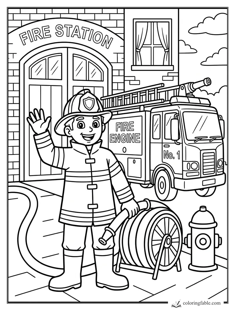 Smiling firefighter waving outside a fire station with engine, hose reel, hydrant, ladder, and helmet.