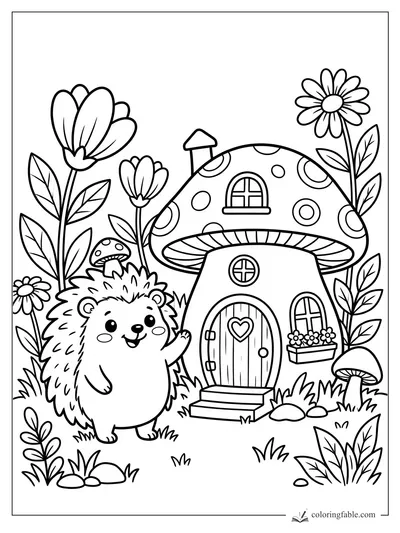 Kawaii hedgehog waving beside a polka-dot mushroom cottage with tall flowers and leafy plants