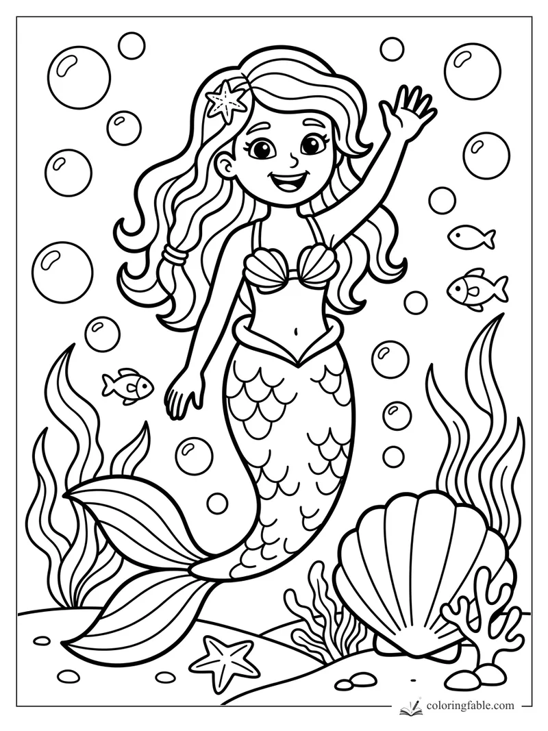 Smiling mermaid waving among bubbles, fish, seaweed, starfish, and a large seashell coloring page