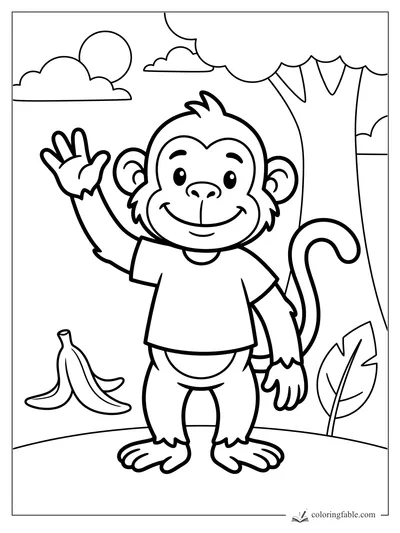 Smiling monkey waving beside a banana peel, tall tree, leaf, clouds, and sun in an easy coloring page.