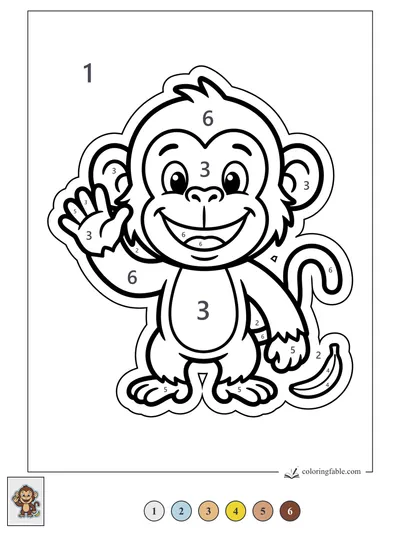 Waving Monkey With a Curly Tail and Banana — color by number