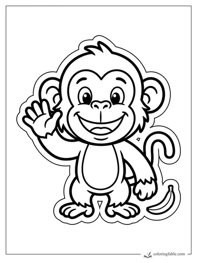 Smiling sticker-style monkey waving beside a banana with big ears, curly tail, and fluffy outline.