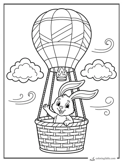 Cartoon rabbit waving from a woven hot air balloon basket with clouds, wind curls, and striped balloon panels.