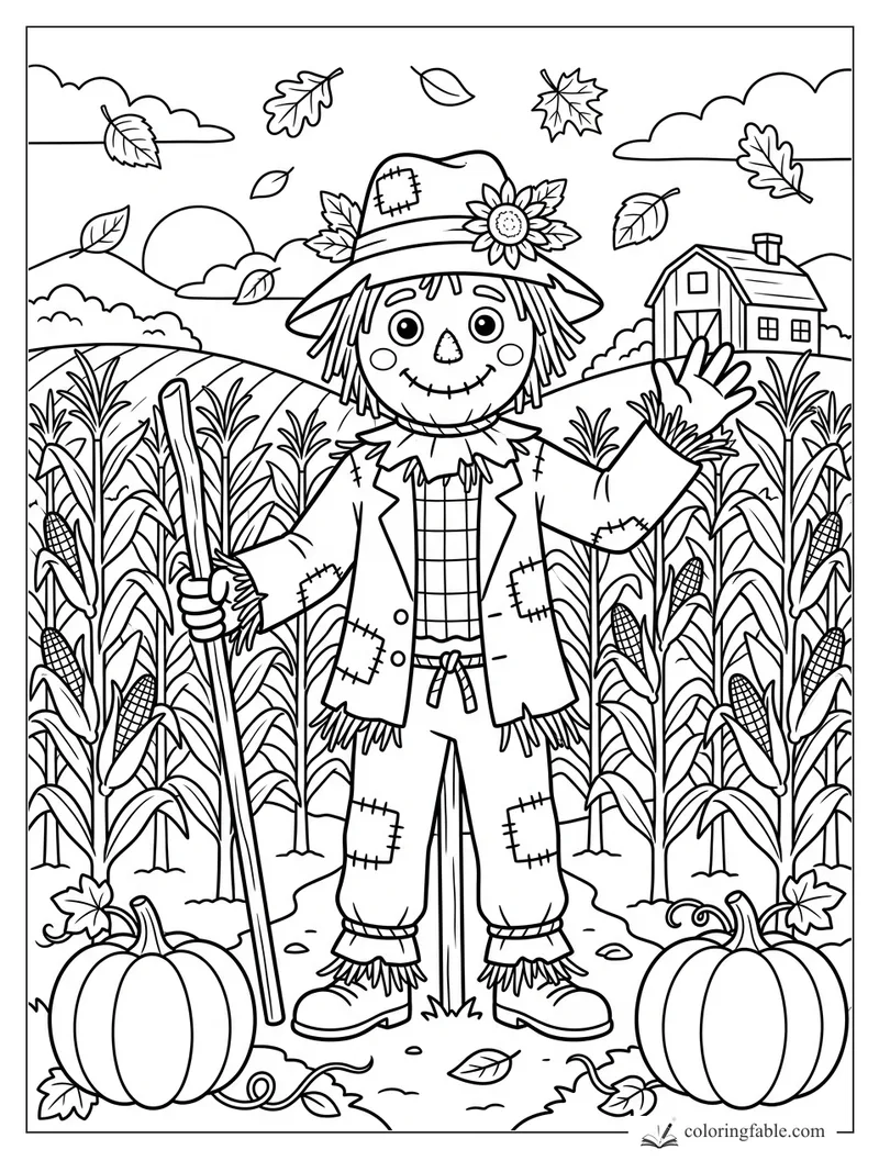Cartoon scarecrow waving in a cornfield with pumpkins, falling leaves, sun, clouds, and a barn.