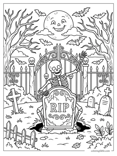 Skeleton waving from behind an RIP tombstone under a smiling full moon, bats, bare trees, and graveyard gate.