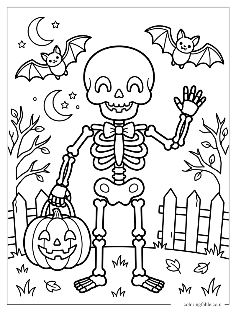 Easy skeleton coloring page with waving bones, bats, moons, stars, pumpkin, fence, and bare branches.
