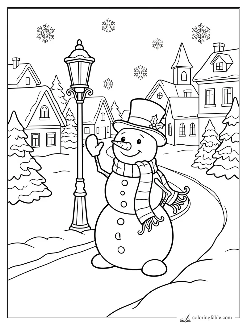 Smiling snowman waving beside a streetlamp on a snowy village lane with houses, fir trees, and falling snowflakes.