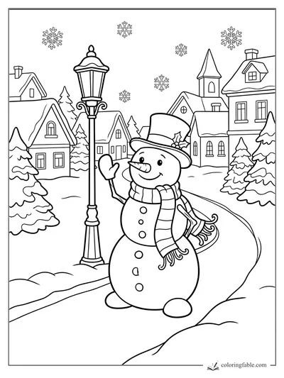 Smiling snowman waving beside a streetlamp on a snowy village lane with houses, fir trees, and falling snowflakes.