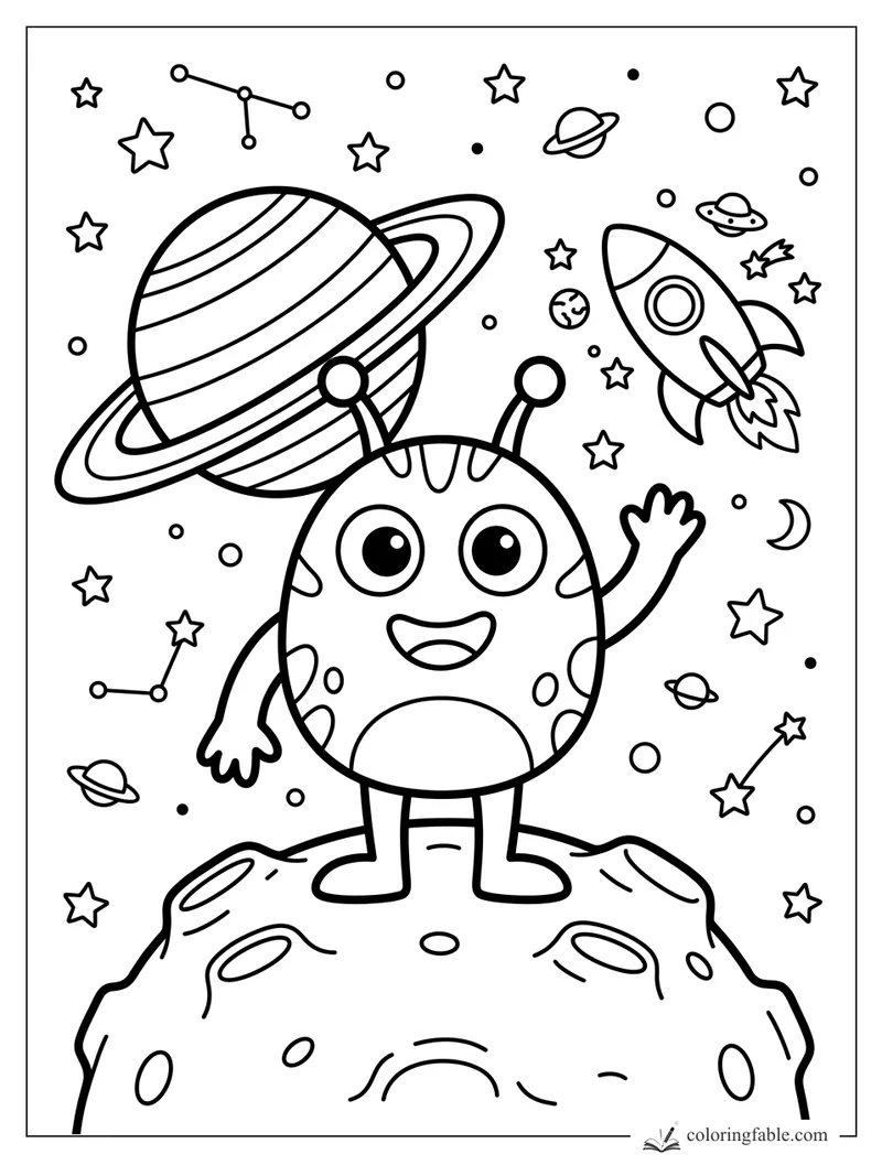 Cute monster waving on a crater moon with Saturn, rocket, stars, planets, and constellations.