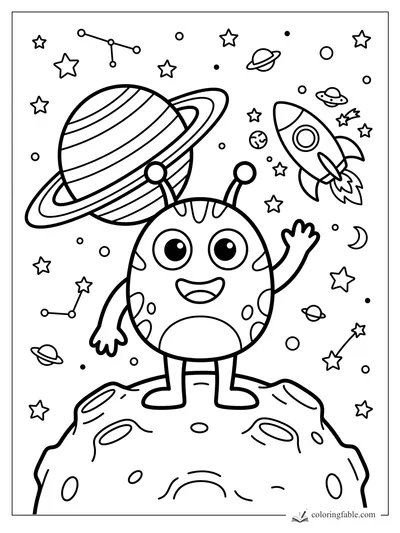 Cute monster waving on a crater moon with Saturn, rocket, stars, planets, and constellations.