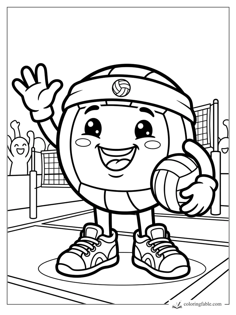 Smiling volleyball mascot waving on a court with a headband, sneakers, net, fans, and ball