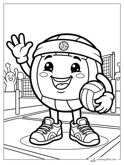 Smiling volleyball mascot waving on a court with a headband, sneakers, net, fans, and ball