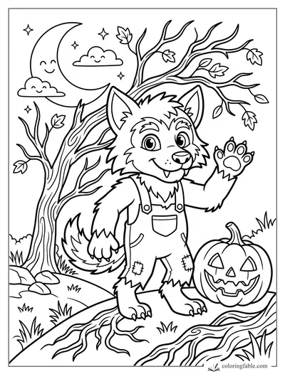 Cartoon wolf pup in patched overalls waving beside a jack-o'-lantern under a crescent moon and bare tree