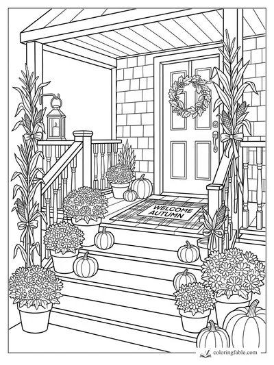 Fall front porch coloring page with corn stalks, pumpkins, mums, wreath, lantern, and Welcome Autumn mat