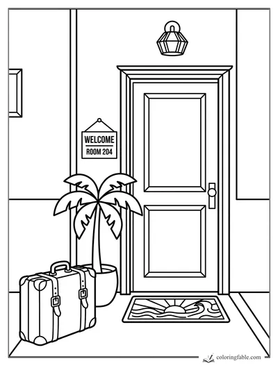 Hotel room 204 door with welcome sign, suitcase, potted palm, lantern, and sunset doormat coloring page