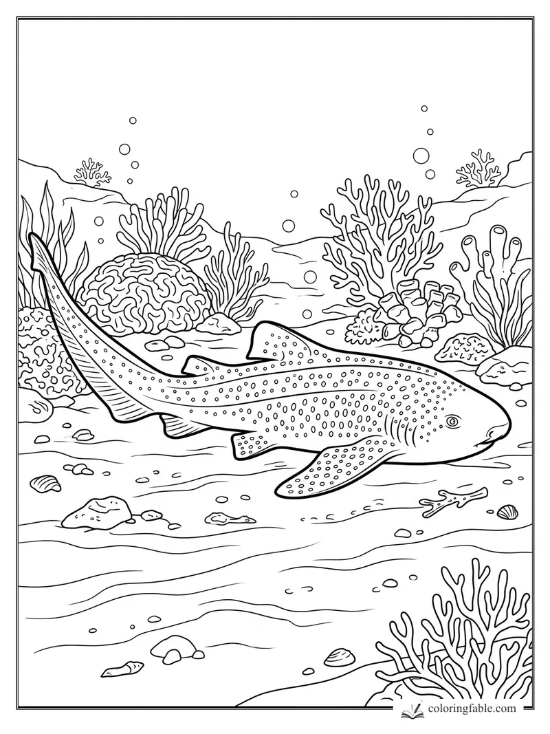 Realistic whale shark swimming over a coral reef with bubbles, shells, seaweed, and spotted skin patterns.