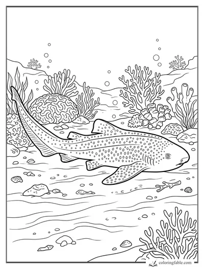 Realistic whale shark swimming over a coral reef with bubbles, shells, seaweed, and spotted skin patterns.