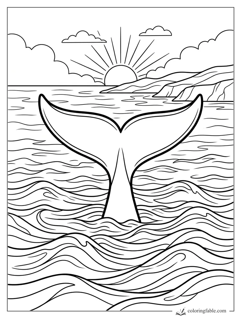 Whale tail rising from ocean waves near cliffs at sunrise coloring page