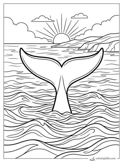 Whale tail rising from ocean waves near cliffs at sunrise coloring page