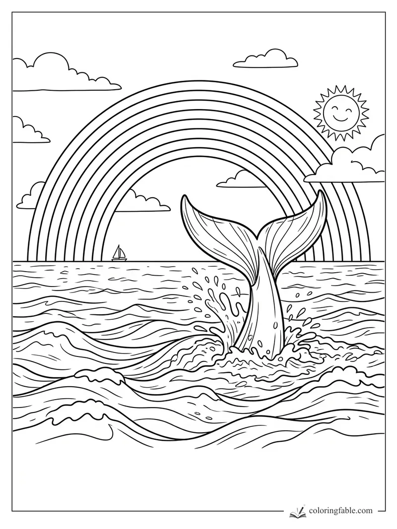 Whale tail splashing in ocean waves beneath a large rainbow, smiling sun, clouds, and tiny sailboat