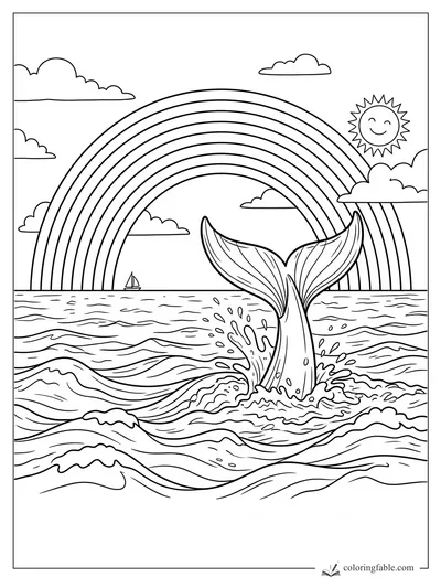 Whale tail splashing in ocean waves beneath a large rainbow, smiling sun, clouds, and tiny sailboat