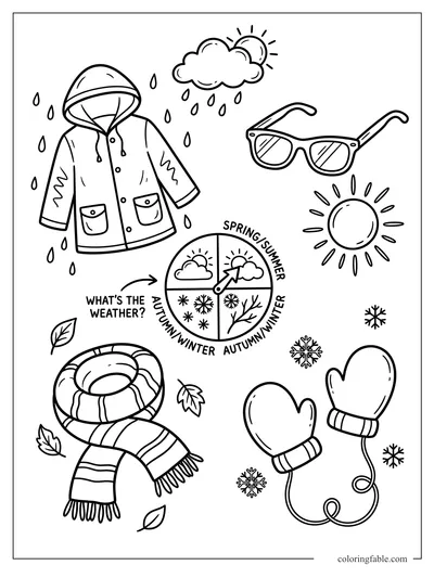 Seasonal weather doodle with raincoat, sunglasses, scarf, mittens, sun, snowflakes, leaves, and season wheel.