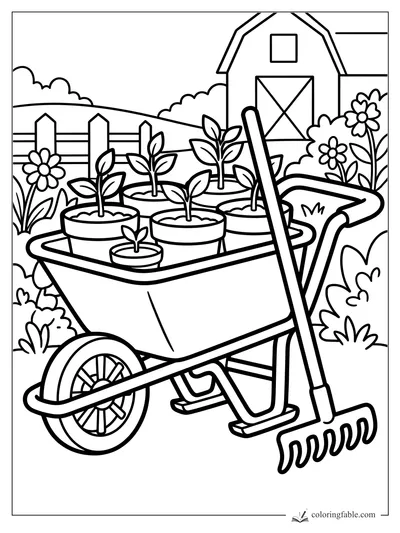Bold farm coloring page with a wheelbarrow of potted seedlings, a rake, flowers, fence, and barn.