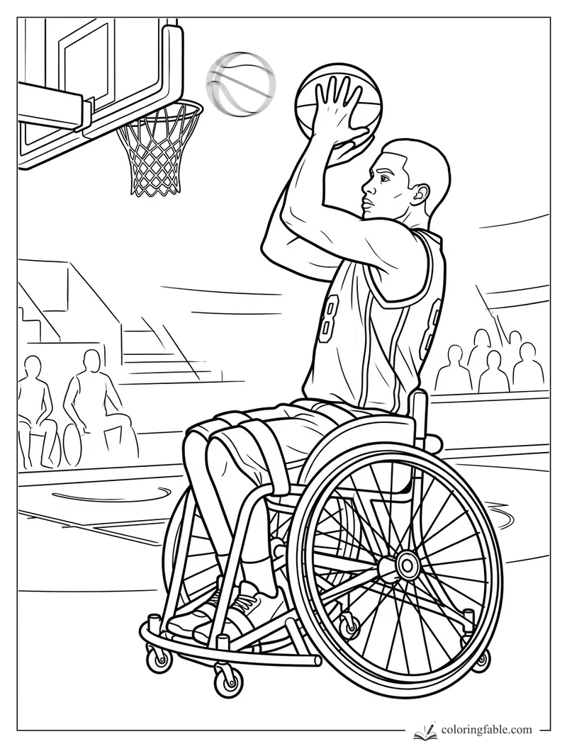 Wheelchair basketball player aiming a shot at an indoor hoop with spectators in the stands
