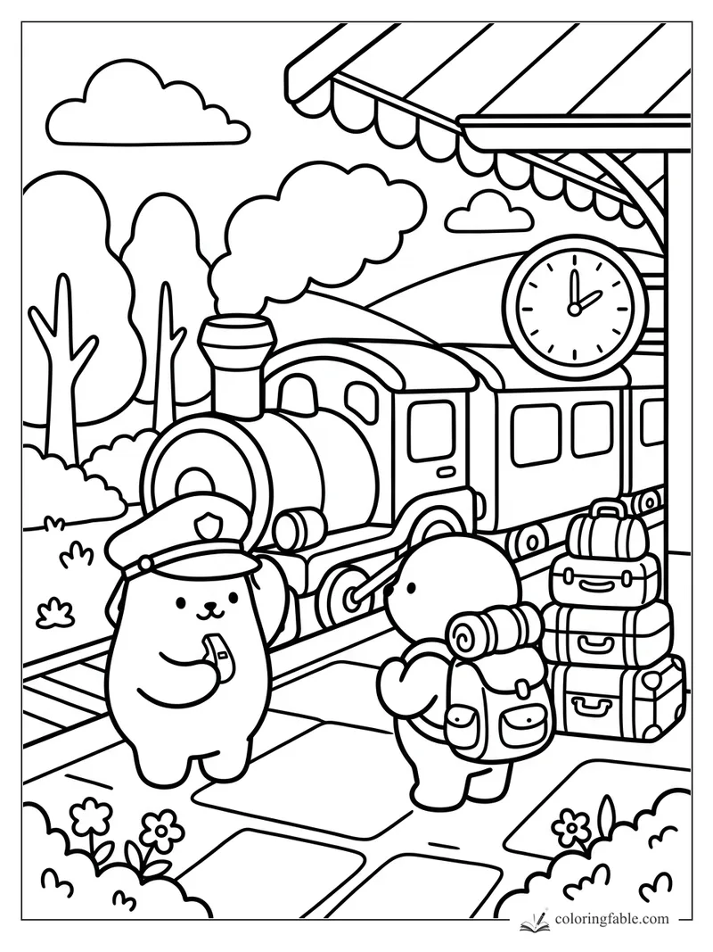 Cute bear conductor blowing a whistle as a steam train waits by a clock, luggage, trees, and flowers.