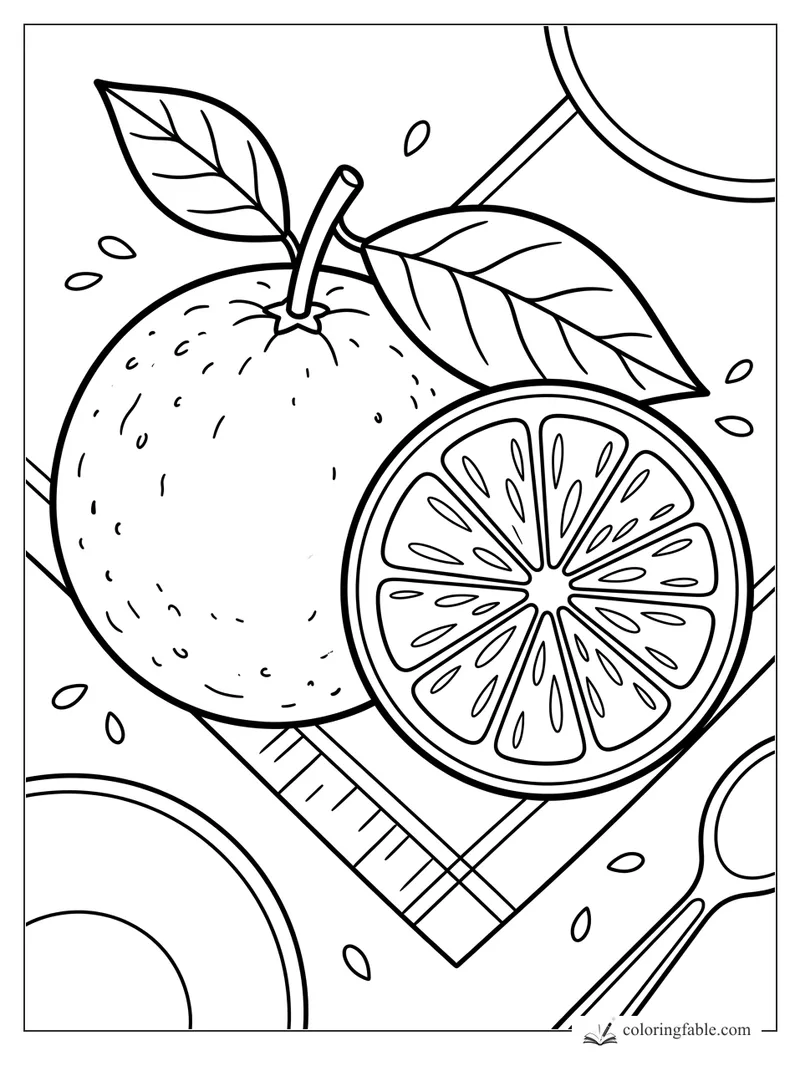 Whole orange with two leaves, a detailed citrus slice, napkin, spoon, plates, and scattered seeds