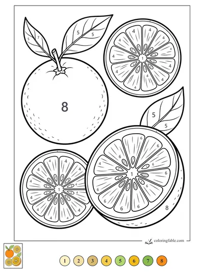 Whole Orange with Leafy Citrus Slices — color by number