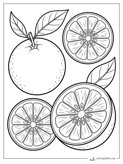 Coloring page of a whole orange with two leaves and three detailed citrus slices.