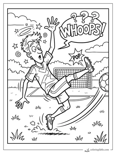 Cartoon soccer player missing a bicycle kick, with WHOOPS speech bubble, POP sound, stars, and goal net.
