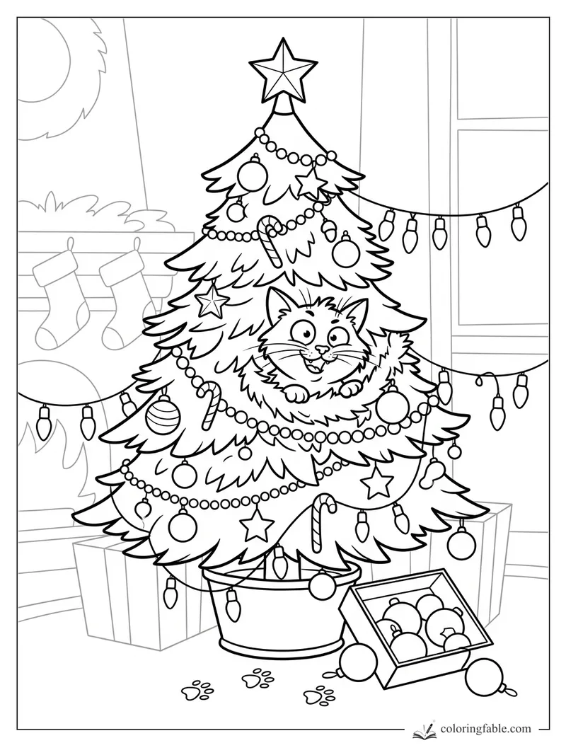 Cartoon cat peeking from a decorated Christmas tree with garlands, ornaments, gifts, lights, and paw prints.