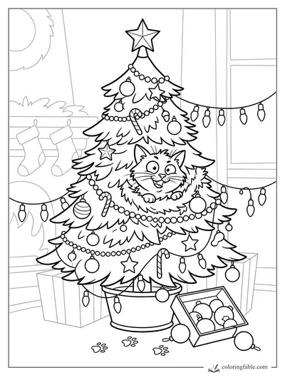 Cartoon cat peeking from a decorated Christmas tree with garlands, ornaments, gifts, lights, and paw prints.