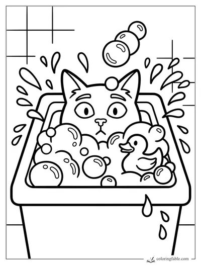 Easy coloring page of a wide-eyed cat in a bubble bath with rubber duck, splashes, and floating bubbles